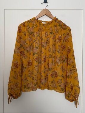Wilfred Aritzia Blouse Womens Sz S Yellow Floral Chiffon Ruffle Flowy Romantic